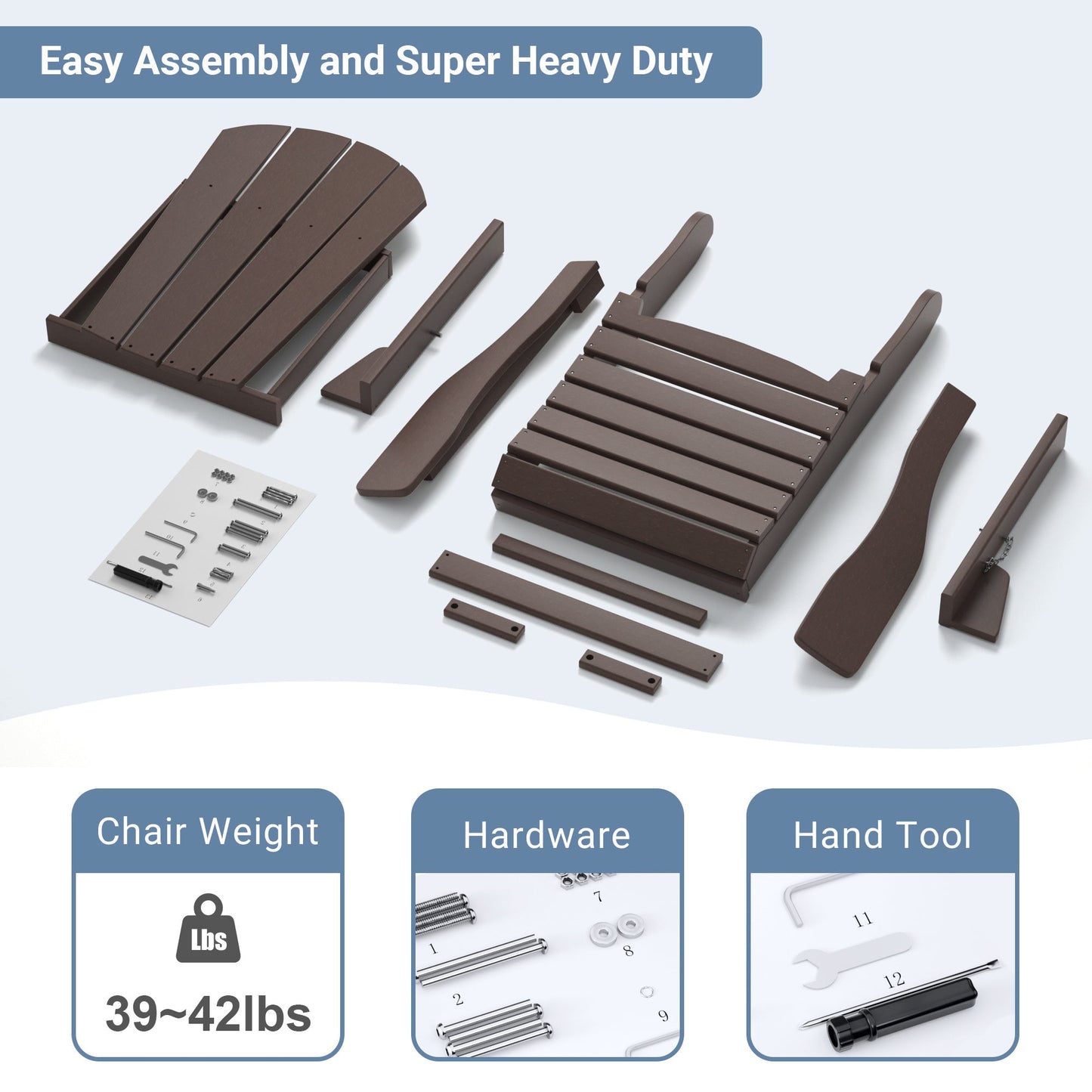 Folding adirondack chair parts set in dark brown HDPE resin with hardware