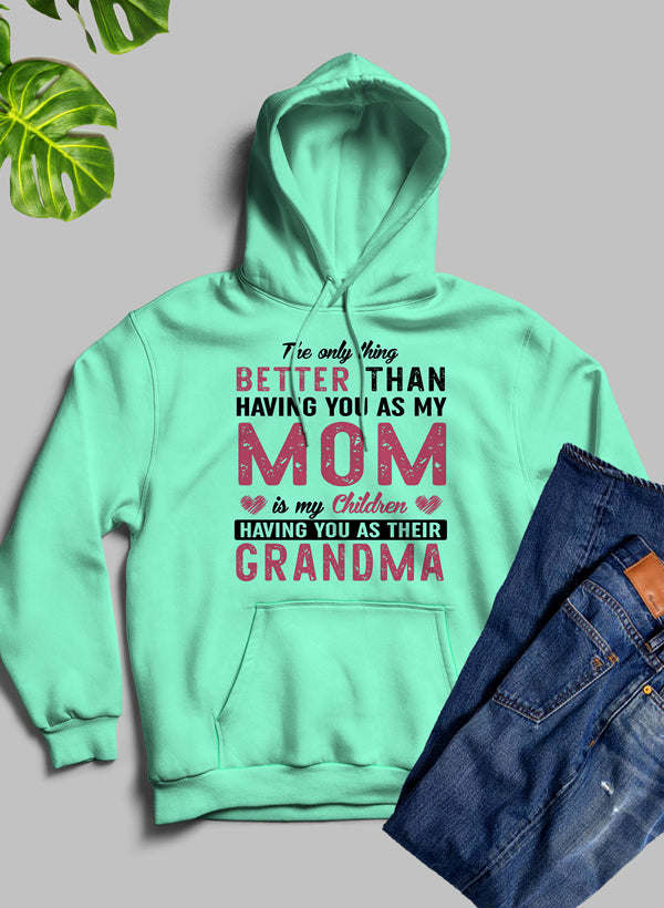 Mint green mom hoodie with front text graphic and kangaroo pocket