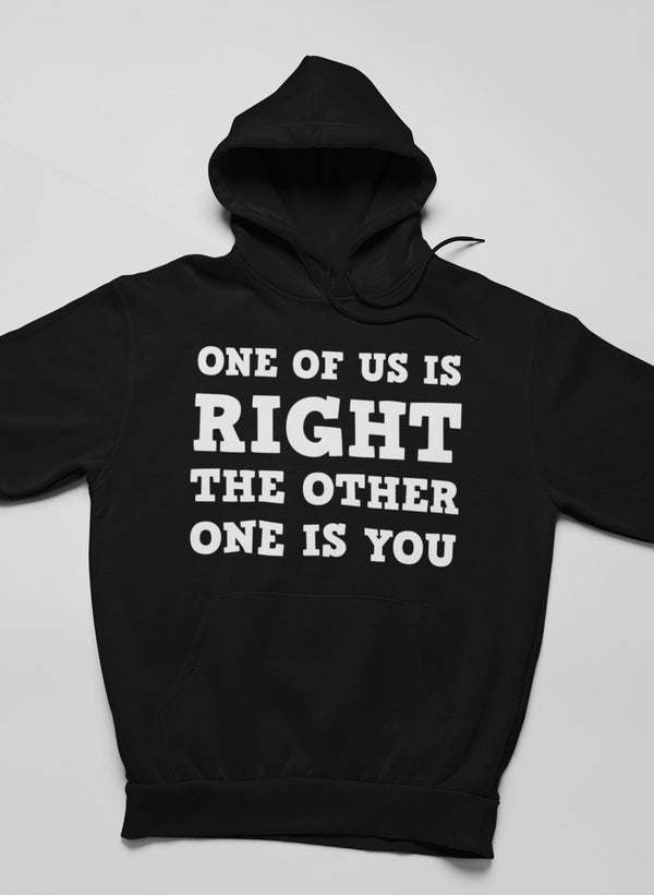 Black pullover hoodie with bold front text, hooded neckline