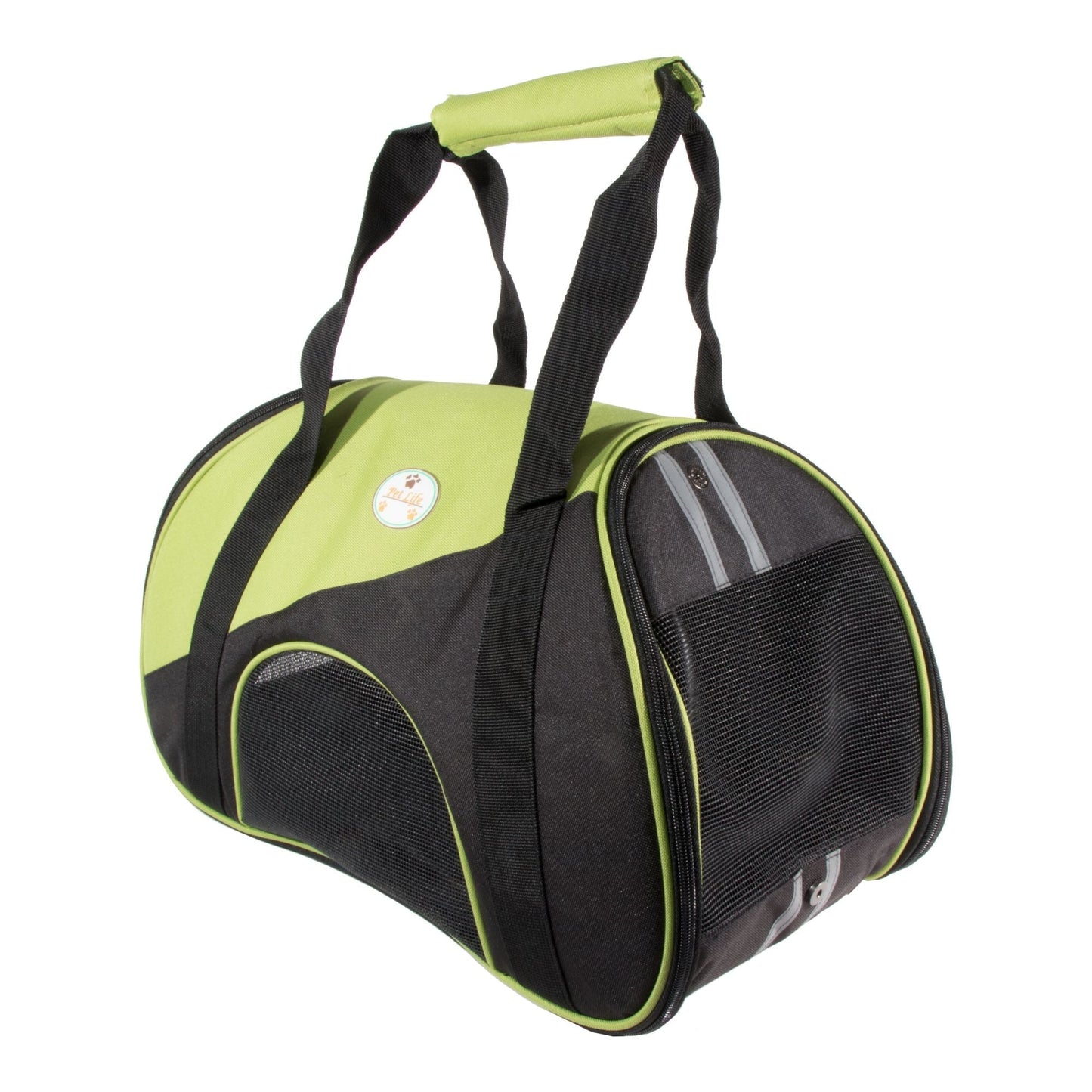 Airline-approved pet carrier, lime green and black, with two mesh end doors