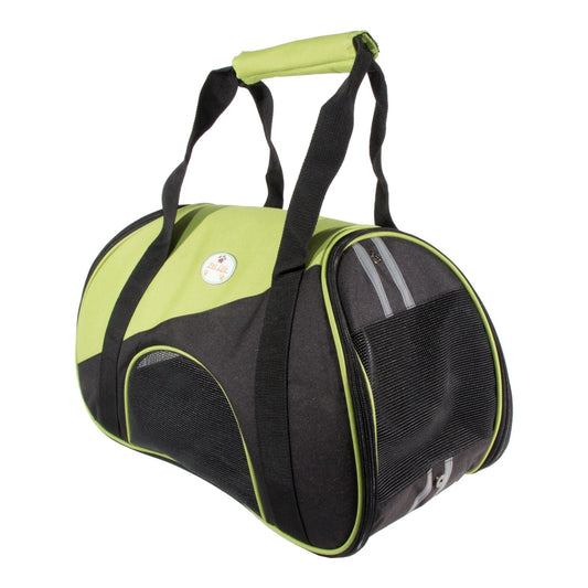 Airline-approved pet carrier, lime green and black, with two mesh end doors