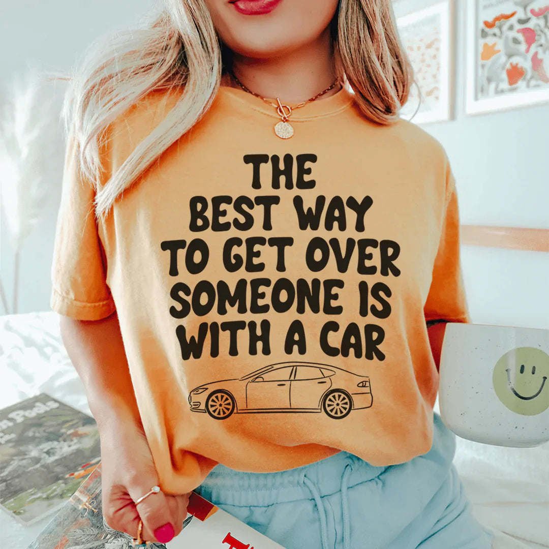 Orange-mustard graphic car slogan T-shirt, crew neck short sleeves