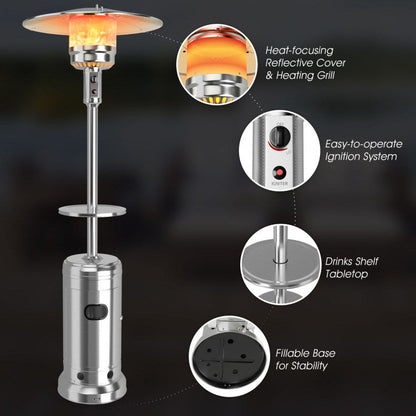 Silver propane patio heater with reflector top, control panel, and tank base