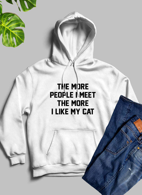 White cat lover hoodie with hood and front pocket, featuring cat graphic text