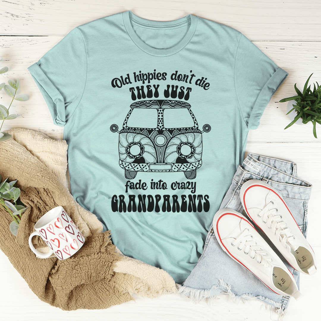 Dusty blue t-shirt with van graphic and grandparents-style quote text