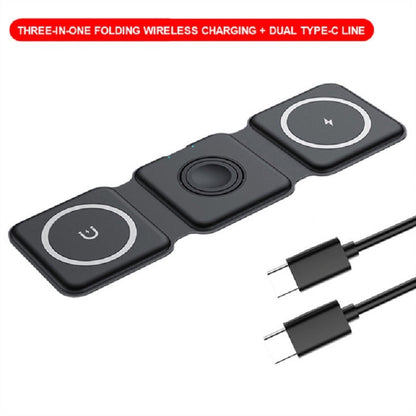 Foldable black 3-in-1 wireless charger with three pads and connected dual Type-C leads