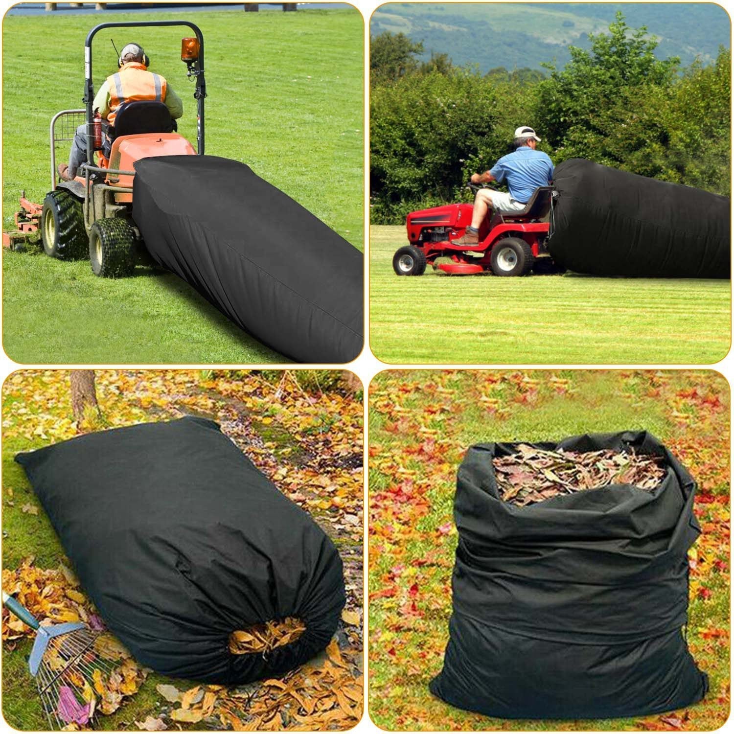 Black fabric lawn mower leaf bag with cinched top, filled with leaves