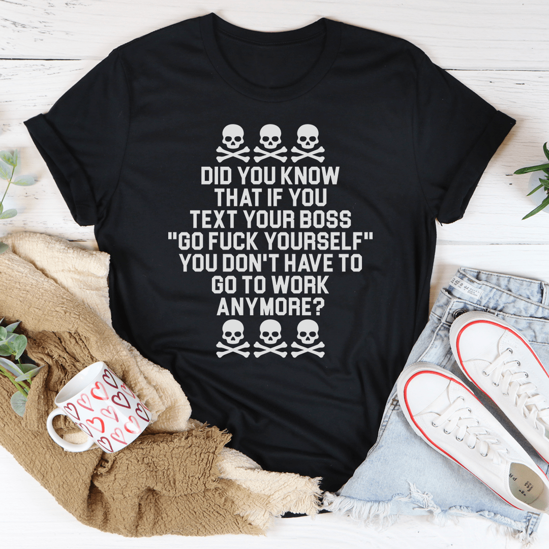 Black crew-neck T-shirt with skull graphic and slogan print