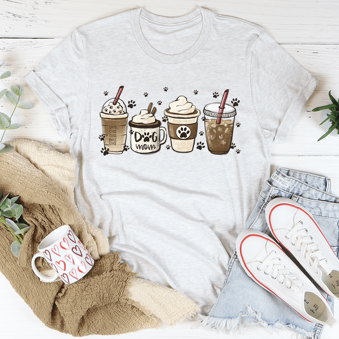 Ash heather dog mom graphic T-shirt with drink cups and paw prints