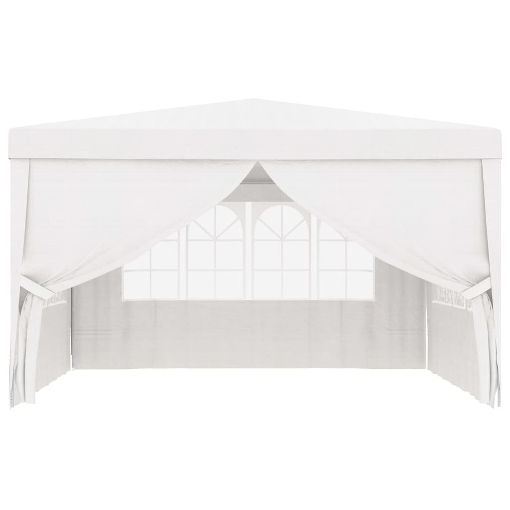 White party tent with open front and draped side curtains over walls