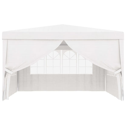 White party tent with open front and draped side curtains over walls