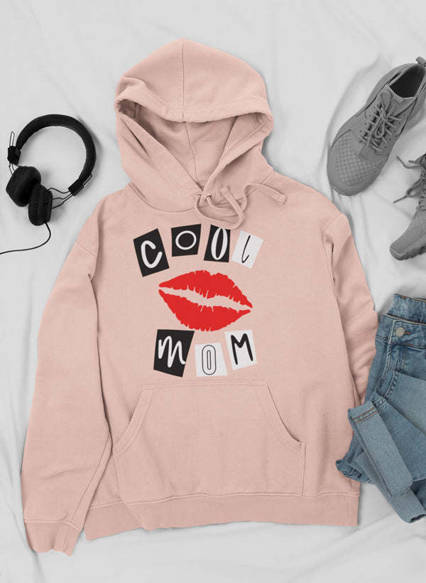 Pink pullover hoodie with lips and MOM graphic, kangaroo pocket