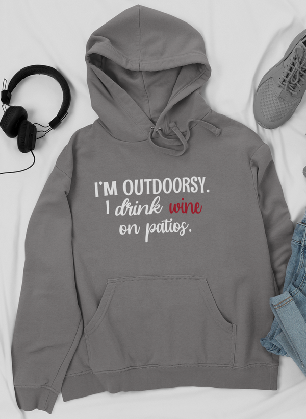 Dark gray hoodie with front text graphic, drawstring hood, and kangaroo pocket.