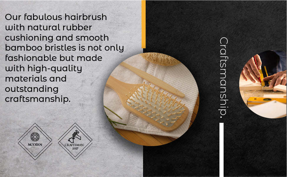 Natural wooden detangling hair brush with cushioned pad and white bristle pins