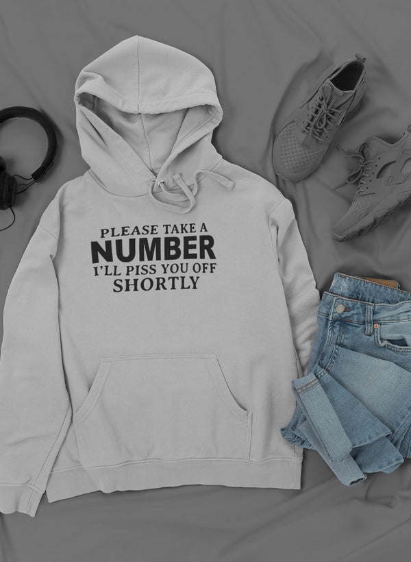Light gray hoodie with kangaroo pocket and drawstring hood, printed slogan on chest