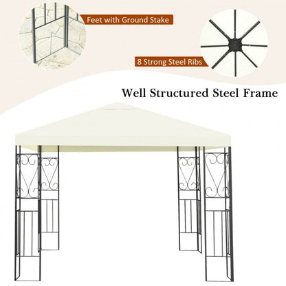 Patio gazebo canopy tent with cream roof and black steel frame with stakes