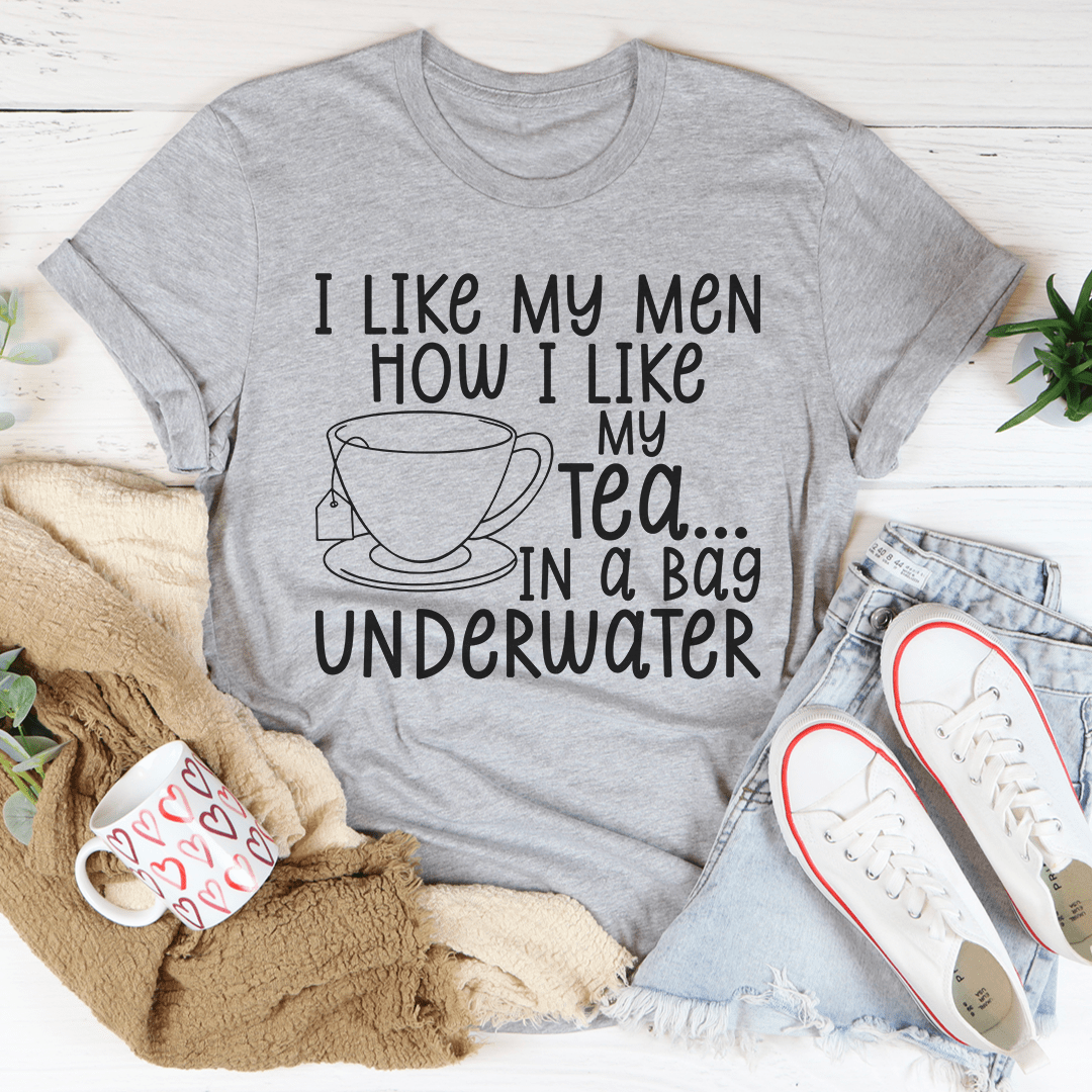 Athletic heather graphic tee with I like my men tea in a bag print