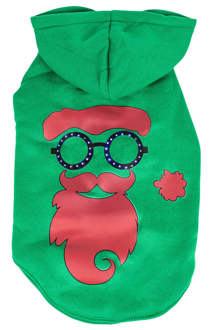 Green hooded pet sweater front with red Santa hat, glasses, and beard graphic