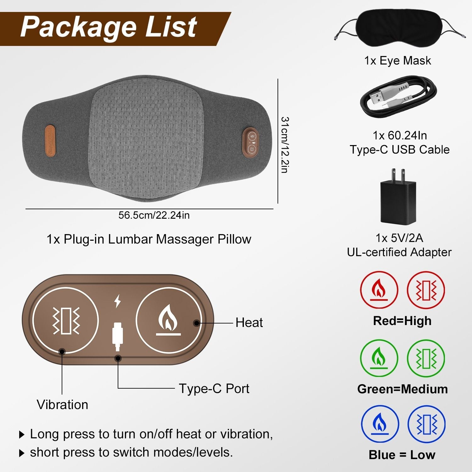 Dark grey plug-in lumbar massager pillow with Type-C port and control panel