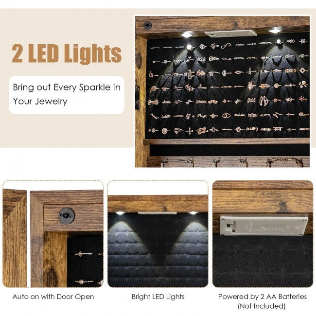 Mirrored jewelry cabinet with two LED lights and interior organizer panels