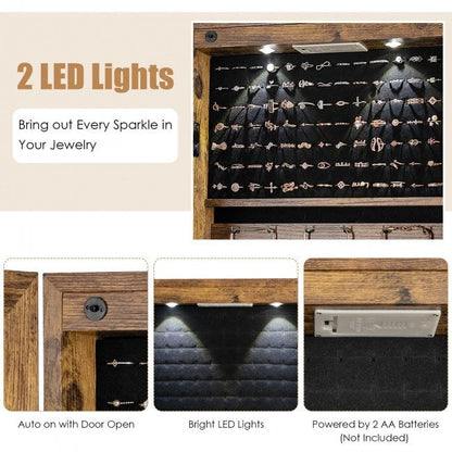 Mirrored jewelry cabinet with two LED lights and interior organizer panels