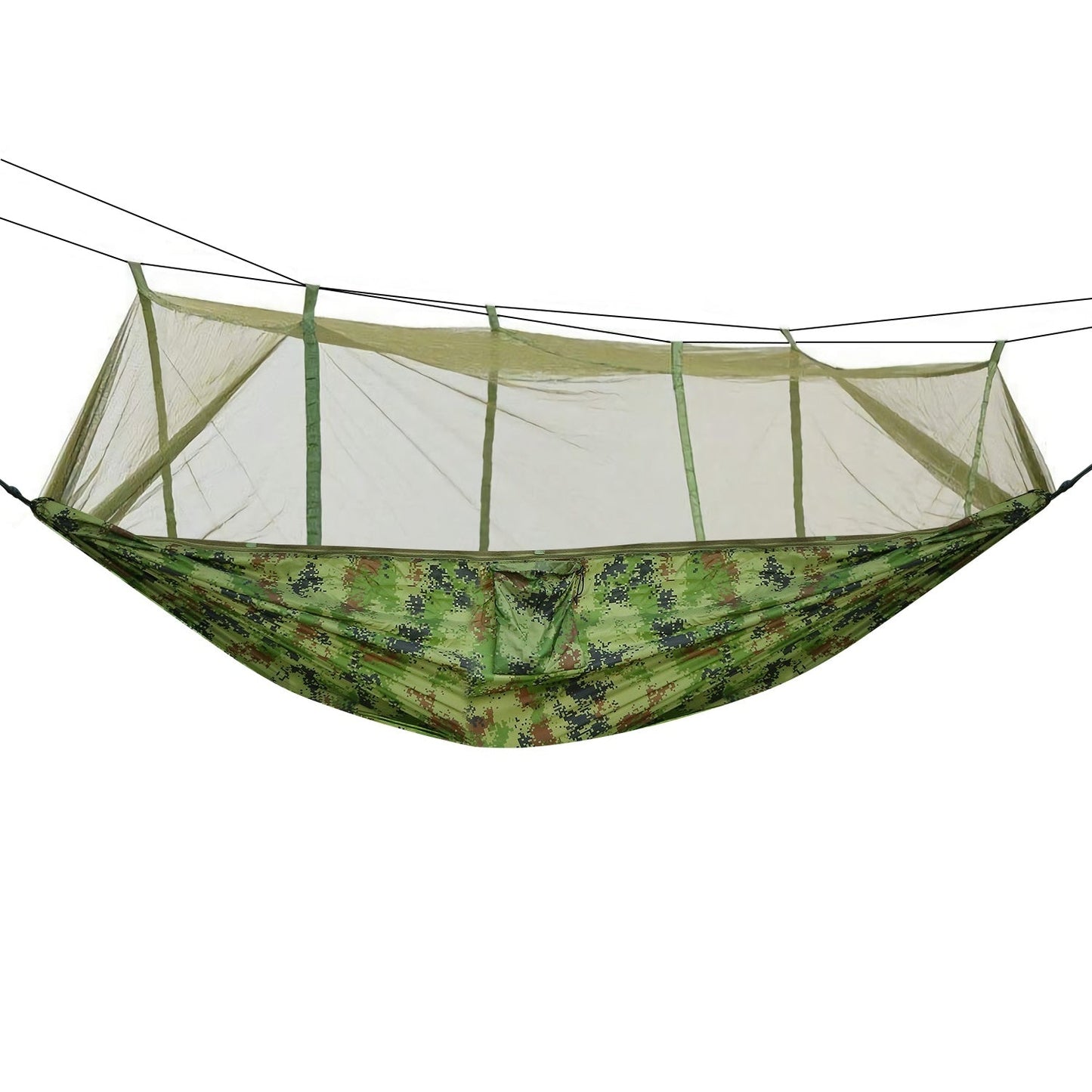 Green two-person hammock with attached mosquito net canopy