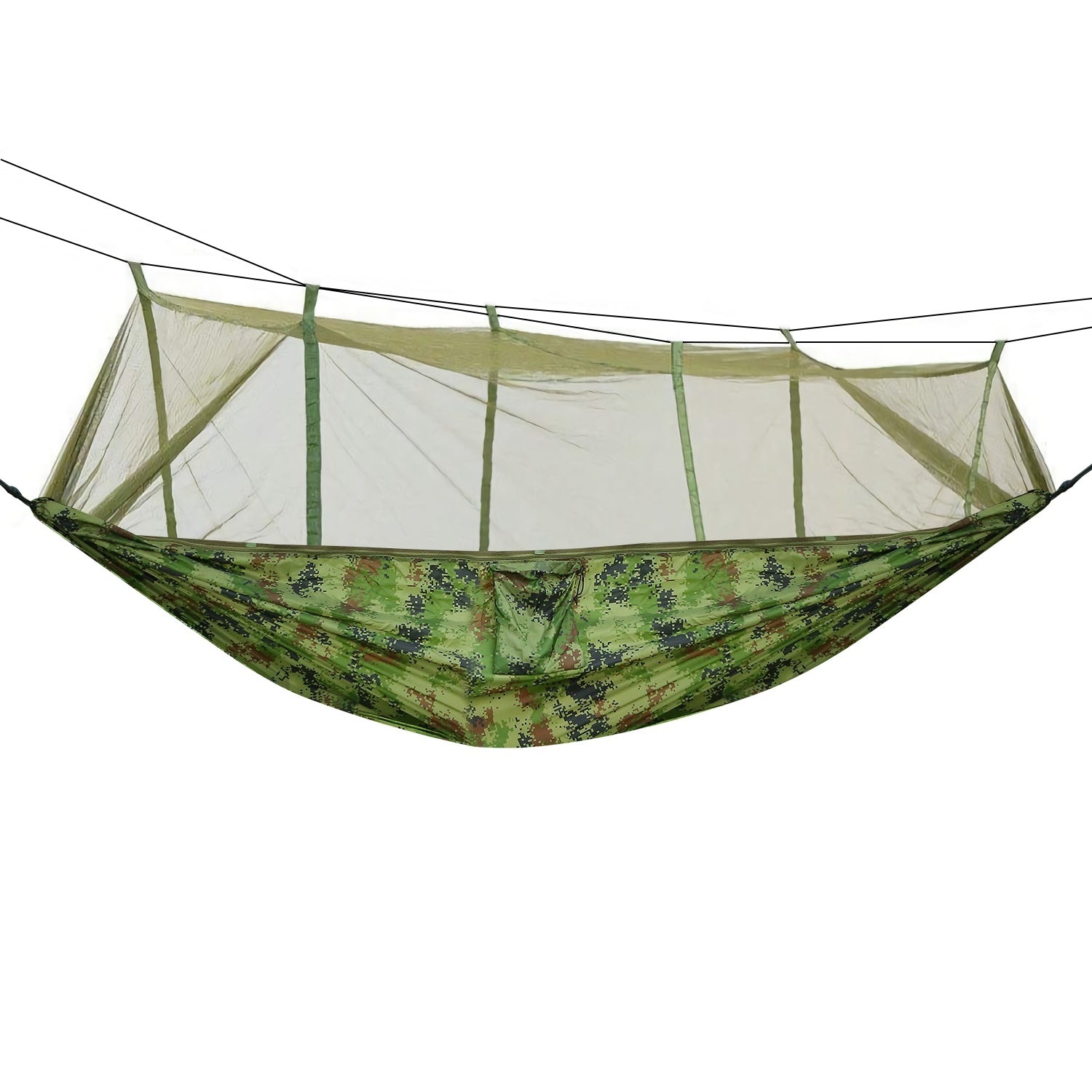 Green two-person hammock with attached mosquito net canopy
