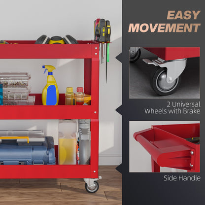 3 Tier Rolling Tool Cart with Wheels, 330 LBS Capacity Heavy Duty Utility Cart, Mobile Service Cart for Garage, Red