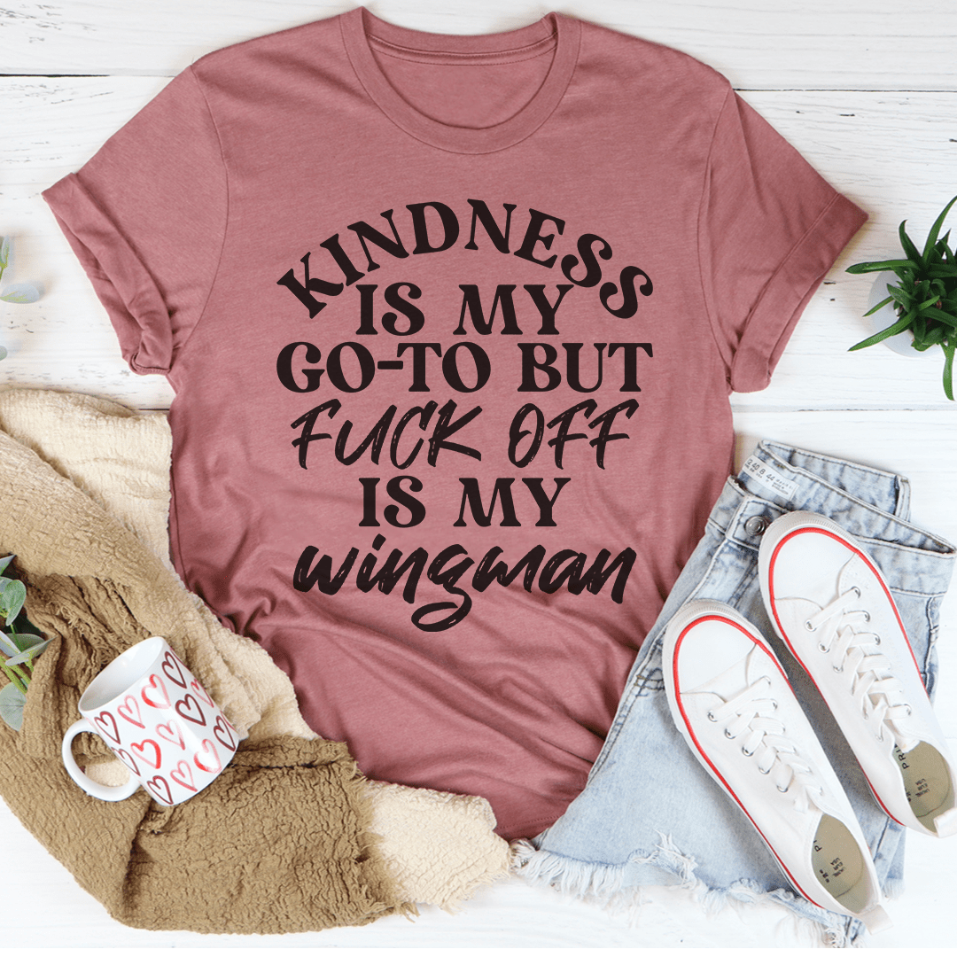Dusty rose crewneck short-sleeve T-shirt with front "Kindness" wingman graphic