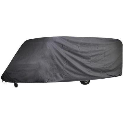 Dark gray caravan cover stretched over travel trailer roof and sides