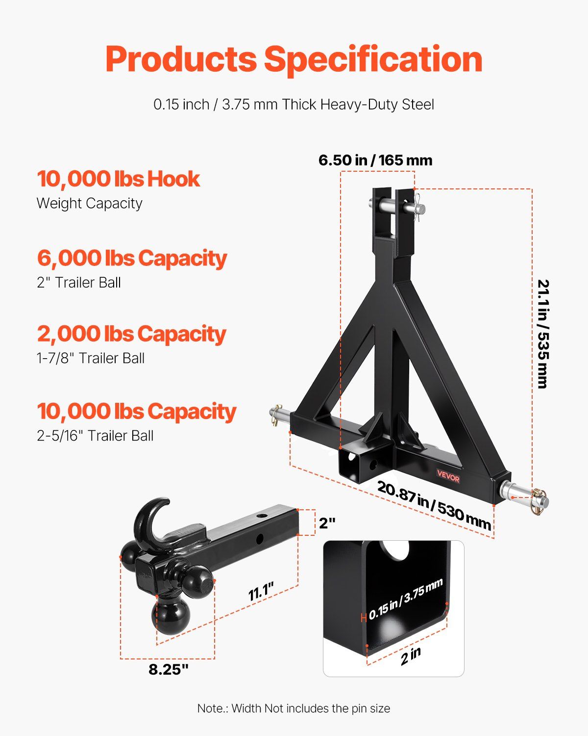 3-point trailer hitch with 2-inch receiver and three trailer ball hooks