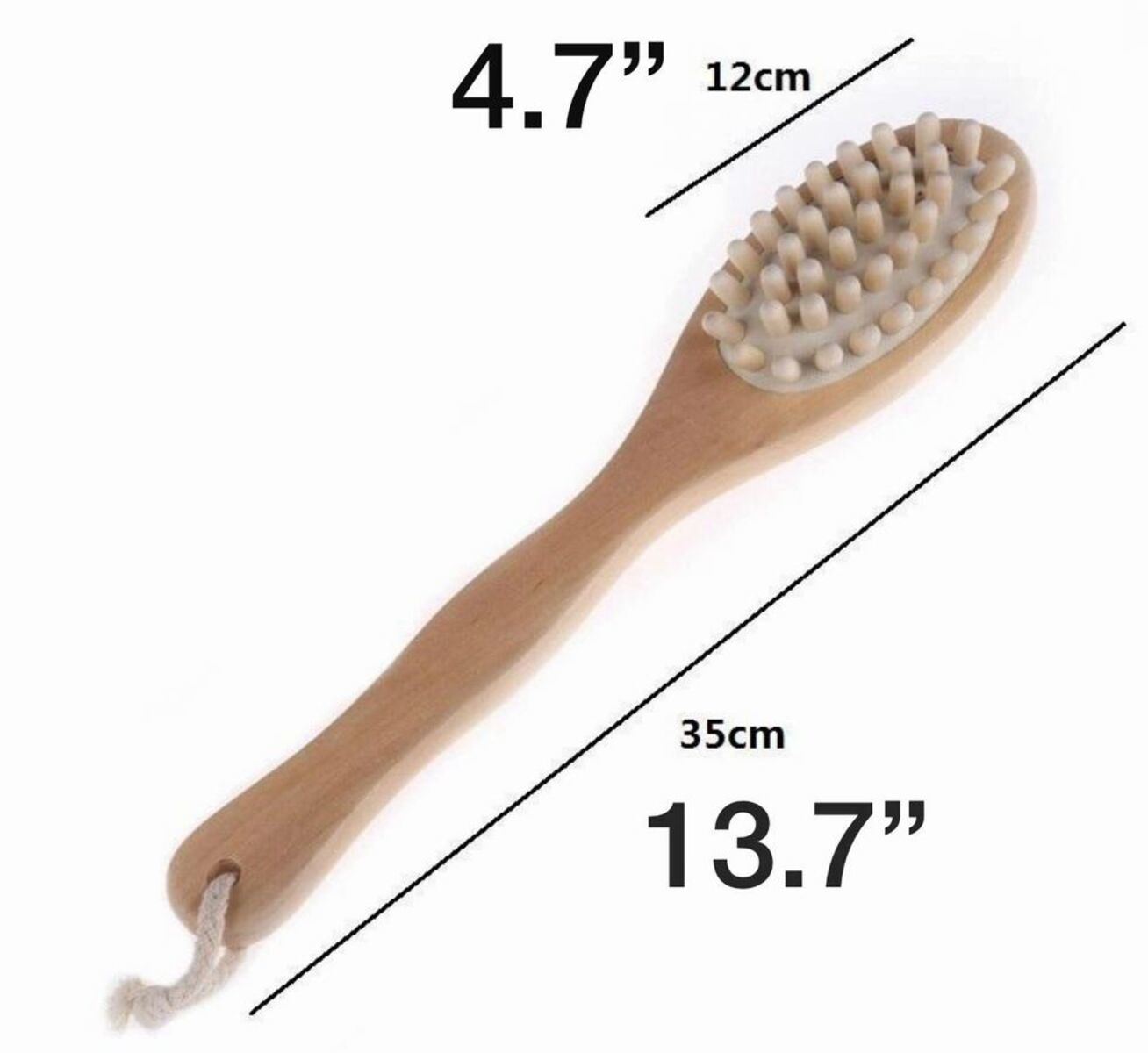 Wood shower brush with round bristle head, shown with dimensions