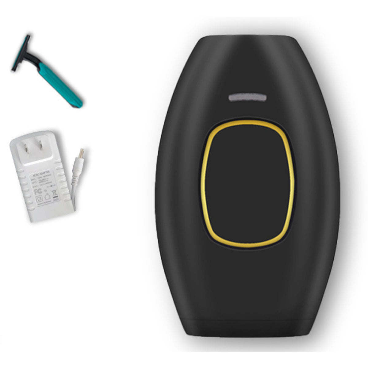 Laser hair remover device, black with yellow ring and small top button.