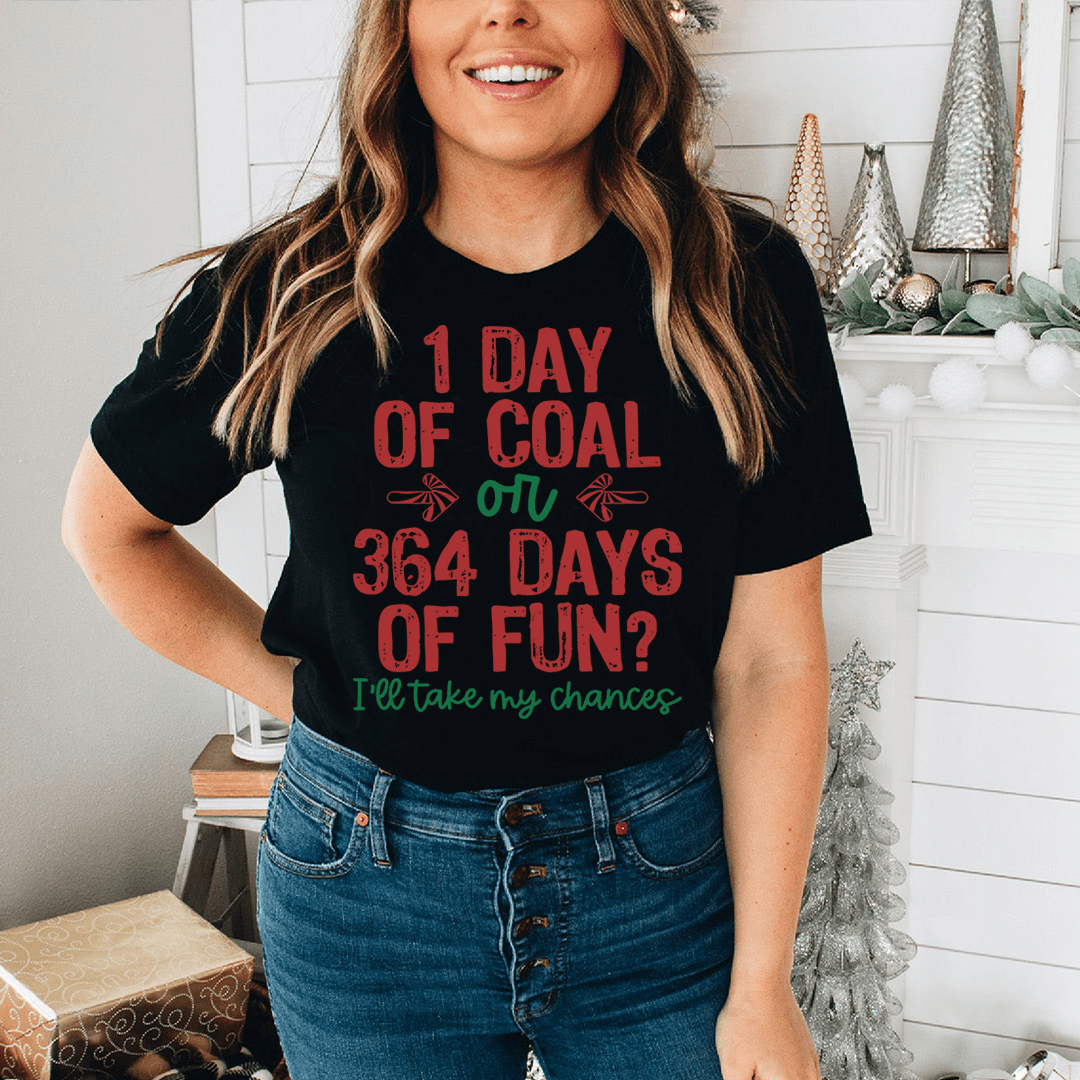 Black crew-neck T-shirt with red/green '1 day of coal' graphic worn by model