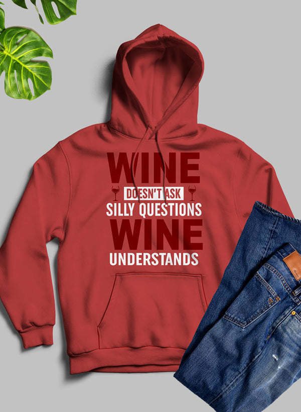 Burgundy pullover hoodie with wine text graphic and front pouch pocket