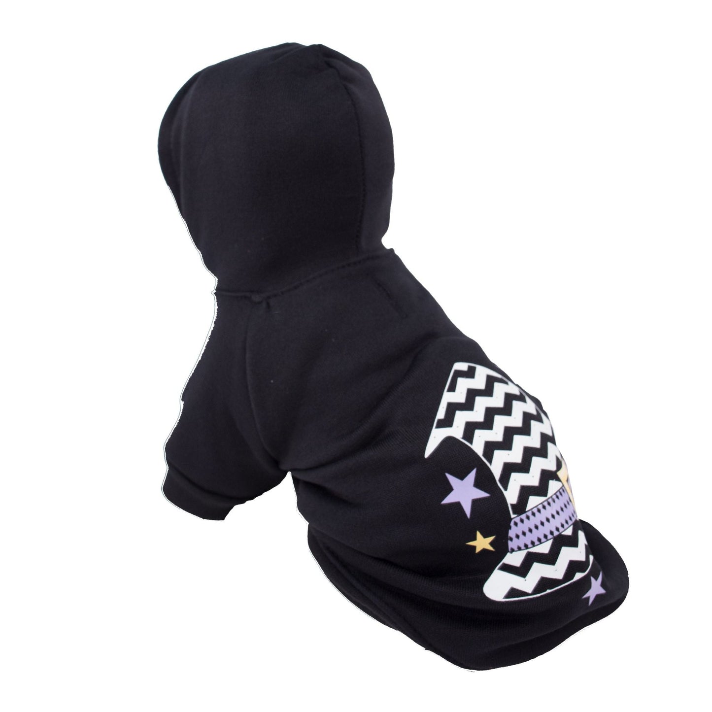 Dark hooded pet sweater costume, side view, with zigzag hat graphic and star patches on sleeve
