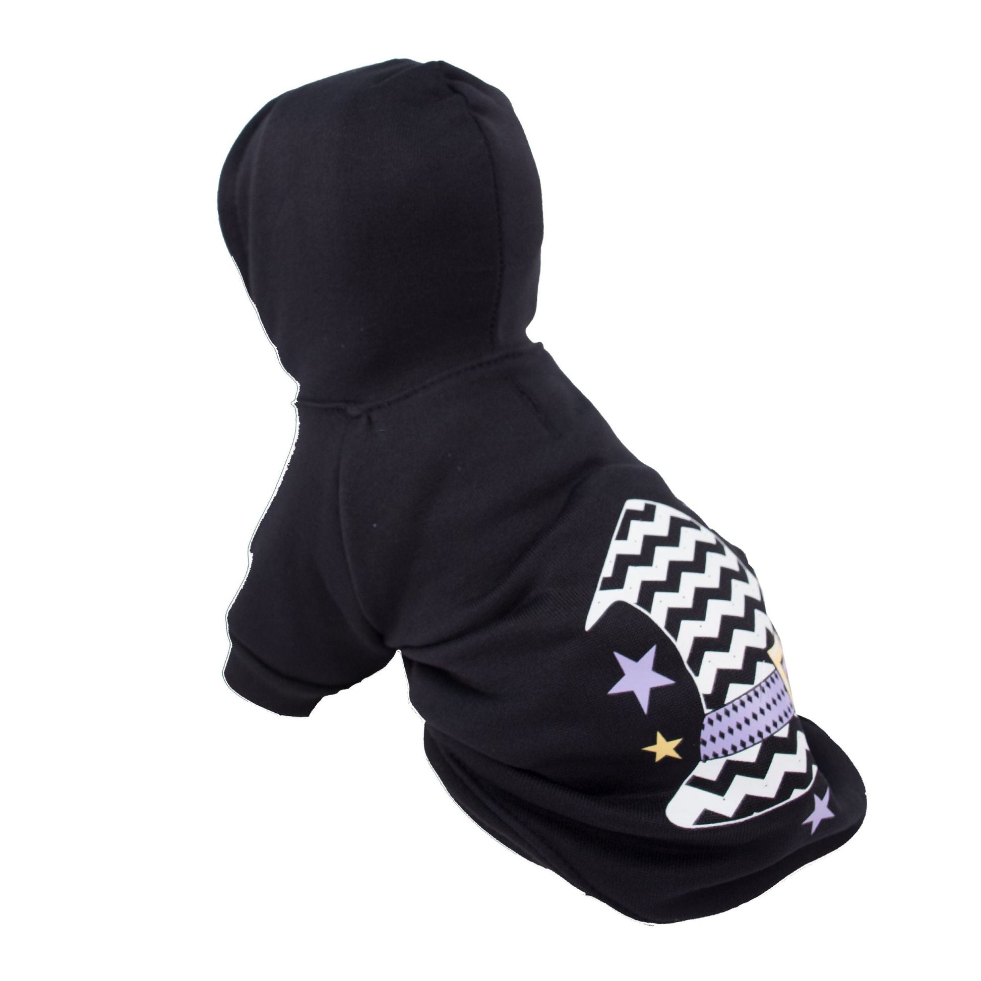 Dark hooded pet sweater costume, side view, with zigzag hat graphic and star patches on sleeve