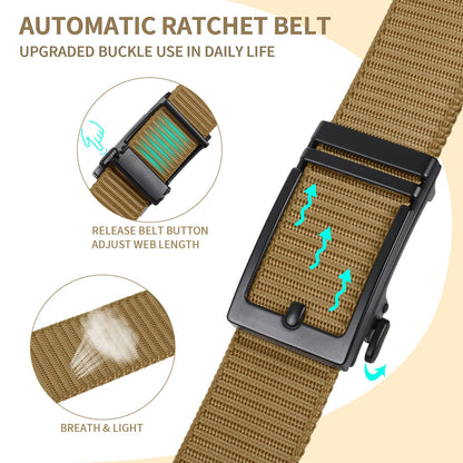 Automatic ratchet belt with olive woven webbing and black buckle