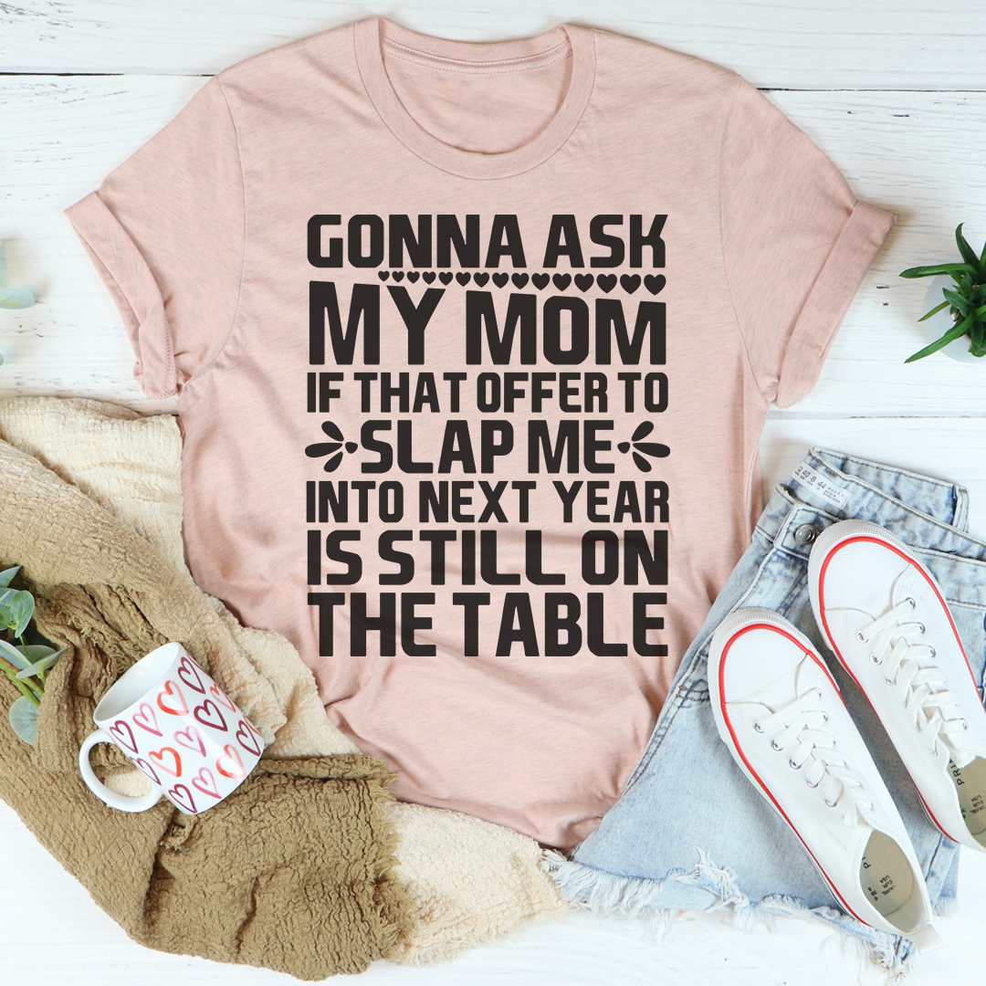 Peach crewneck T-shirt with front text slogan and heart accent graphic