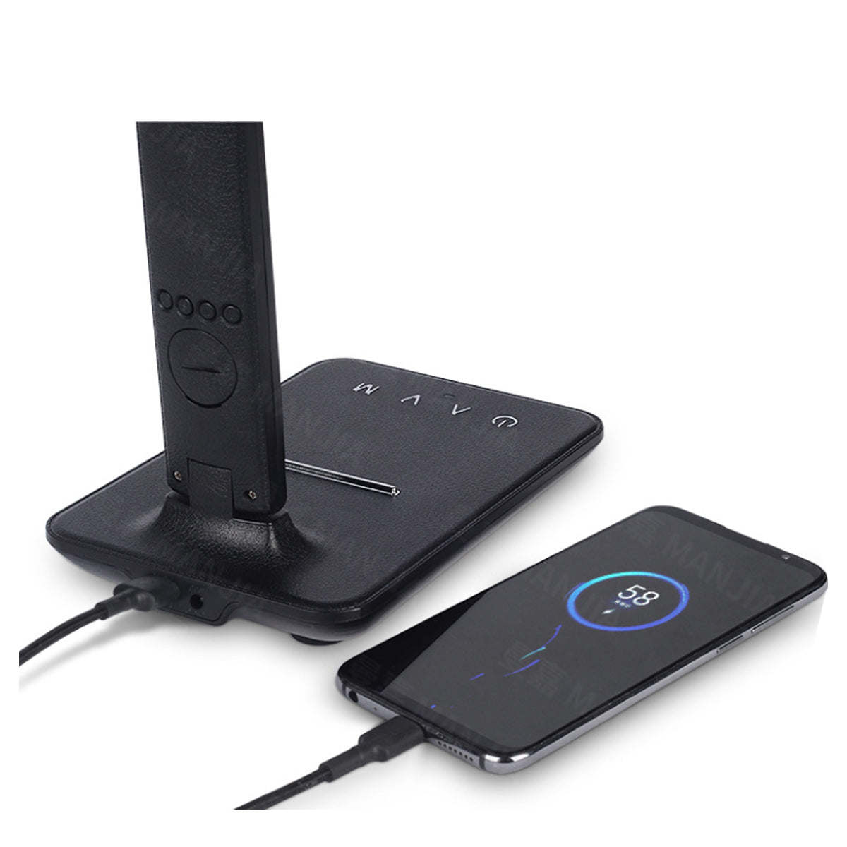 Black phone charging base with touch controls and charging dock with cable