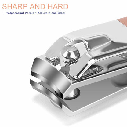 Stainless steel nail clipper with metal lever, close-up