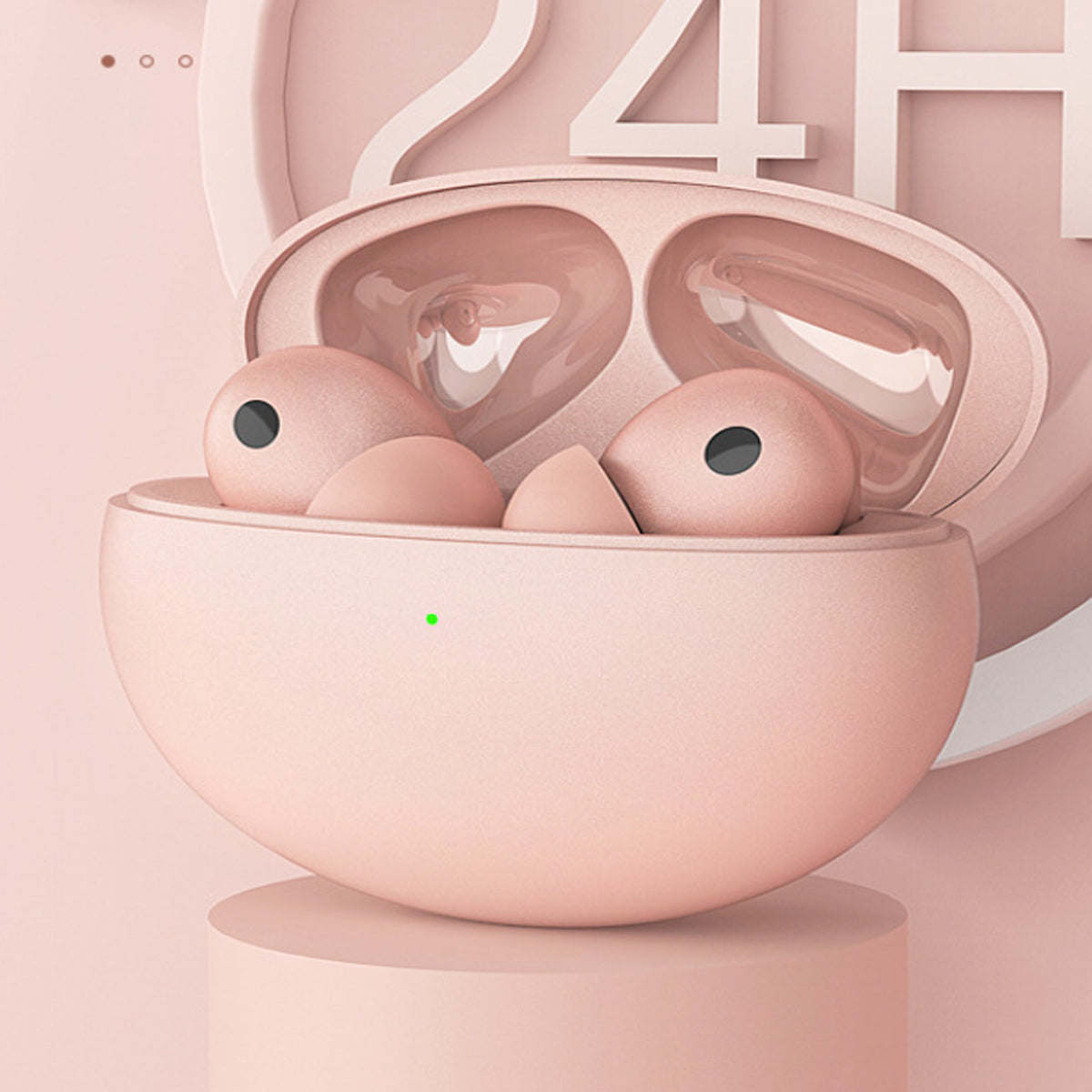 Pink wireless earbuds seated in a charging case with open lid