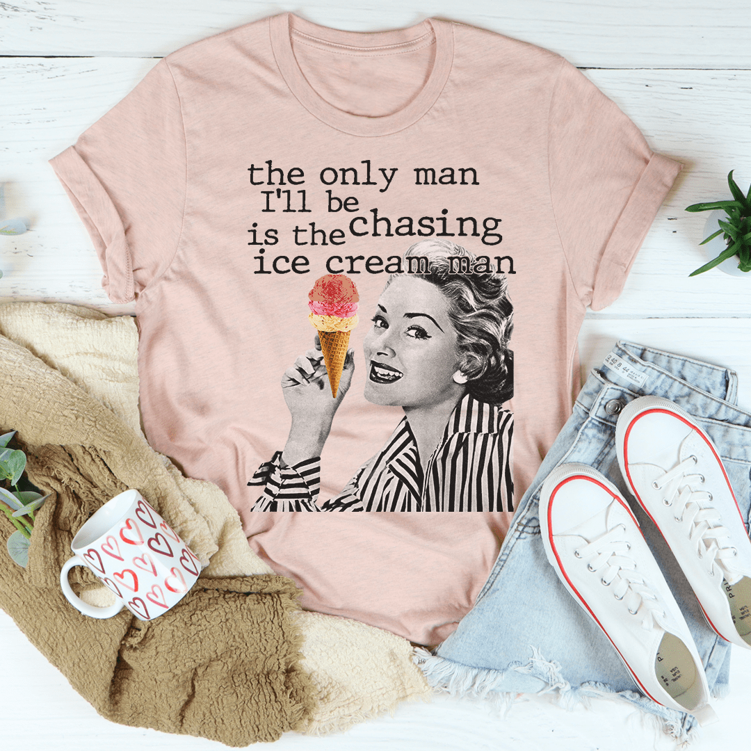 Soft mauve T-shirt featuring a vintage woman and ice cream cone graphic, crew neck