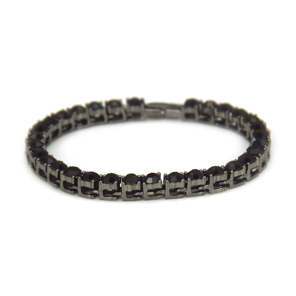 Black rhinestone tennis bracelet with black-tone links and clear square-cut stones