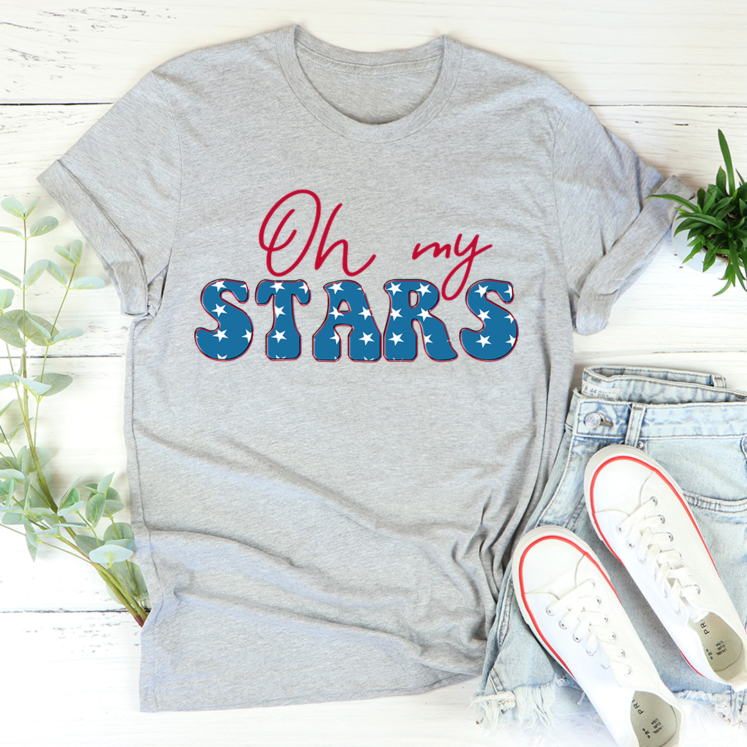 Gray short-sleeve crewneck T-shirt with 'Oh my STARS' graphic on front.