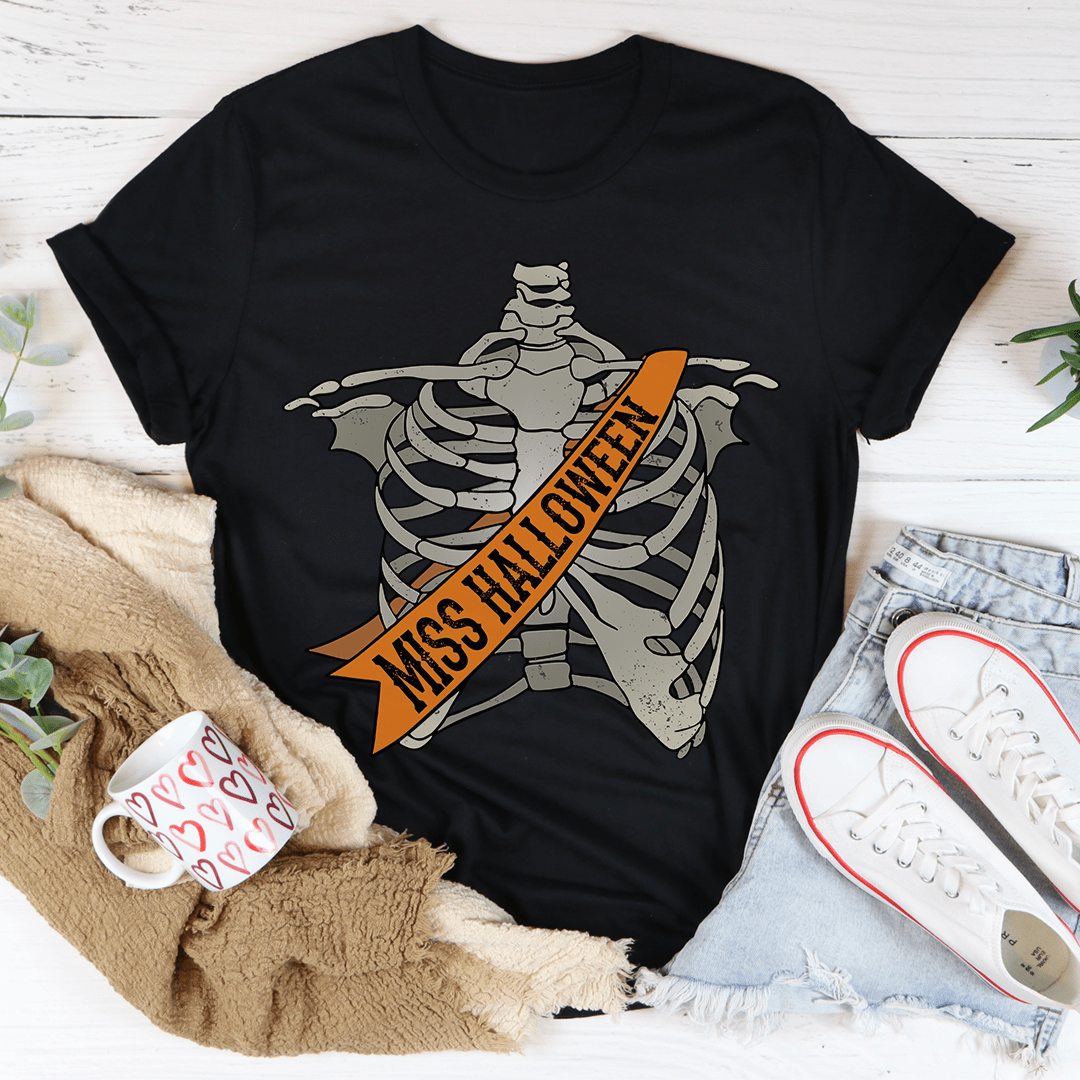 Black Halloween graphic tee featuring skeleton and orange 'Miss Halloween' ribbon.