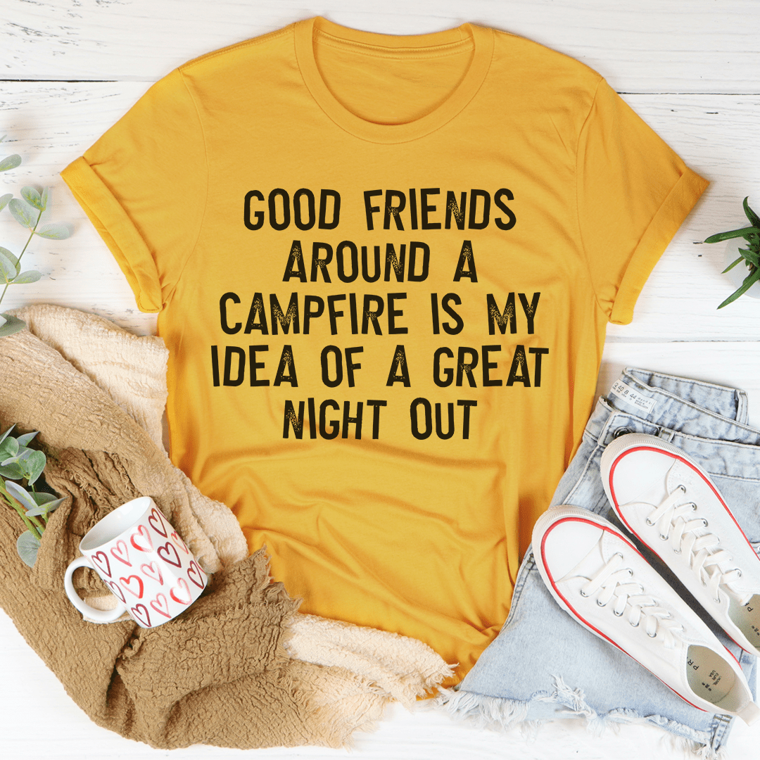 Mustard yellow crewneck T-shirt with bold black camping quote text