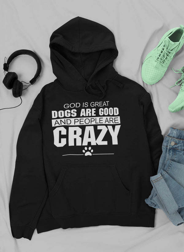 Black hoodie sweatshirt with front graphic text 'CRAZY' and paw print icon