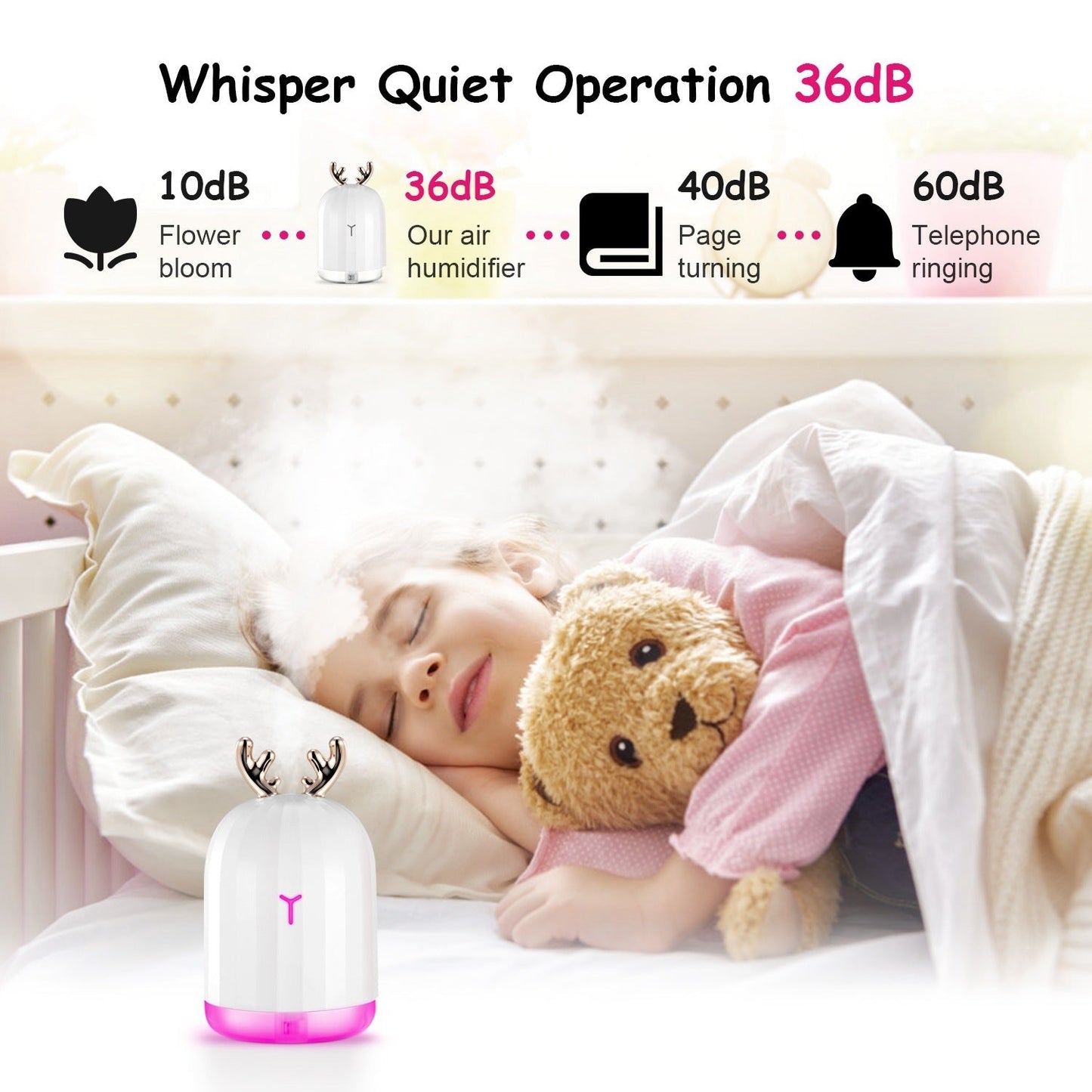 White cool mist humidifier with rose-gold antler top and pink light mist