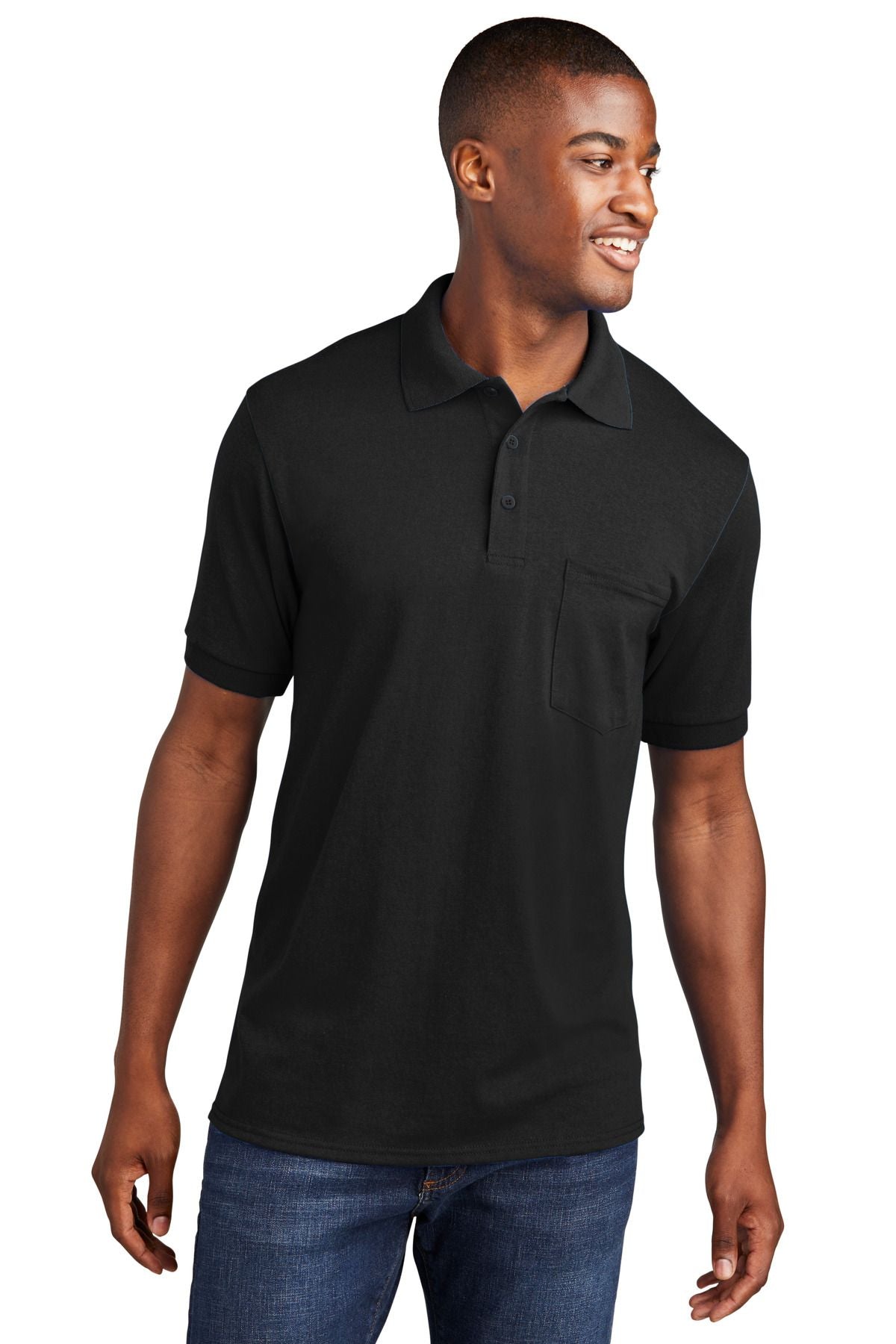 Core blend jersey knit pocket polo, black, short sleeves, button placket